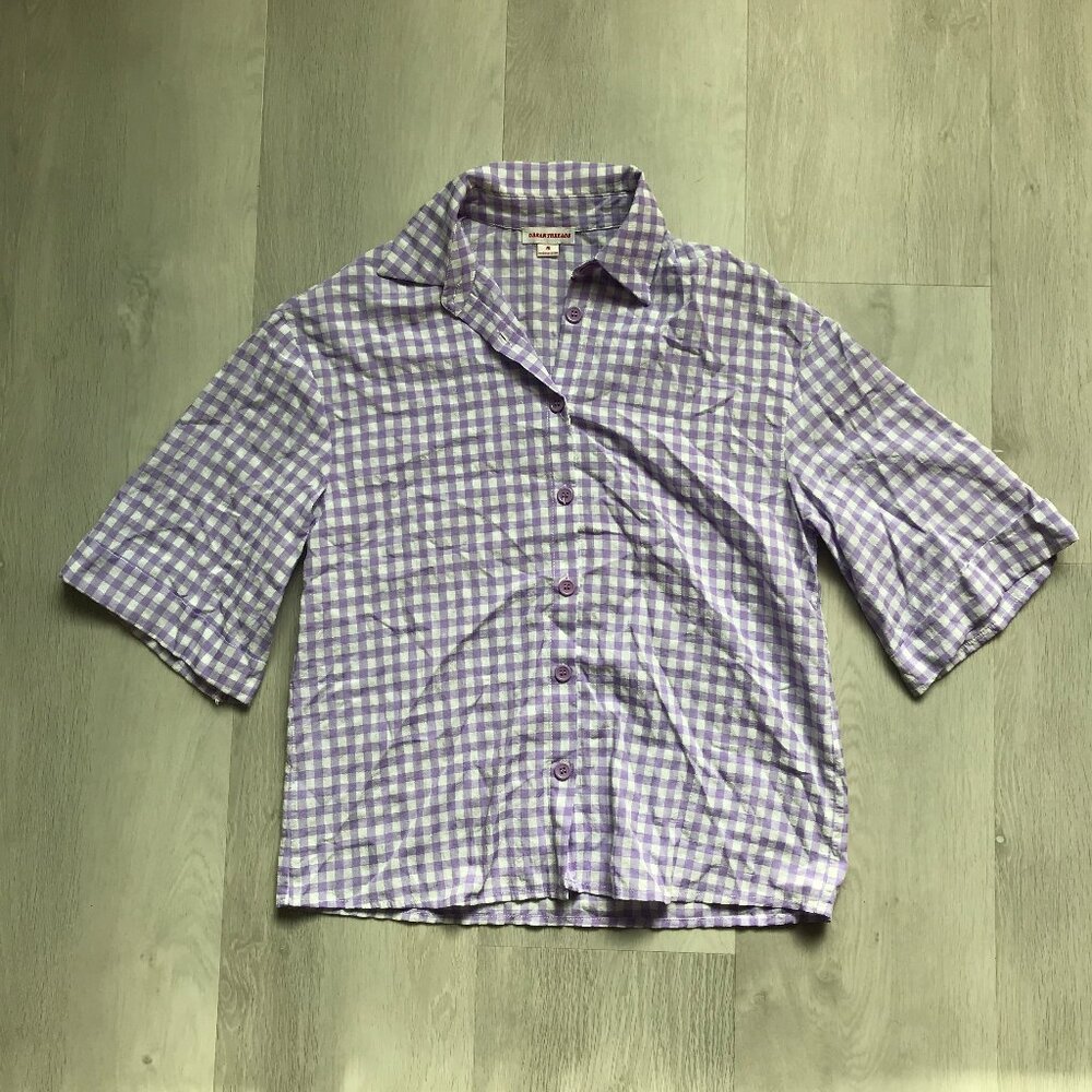 URBAN THREADS CAMP SHIRT SHORT SLEEVES PURPLE GINGHAM CHECK WOMENS 8